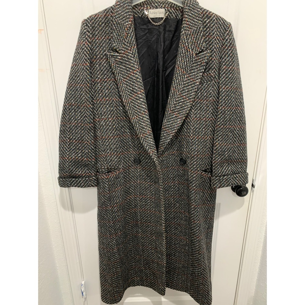 Ashley Scott Vintage 100% Pure Wool Herringbone Long Coat Made in USA Gray Multi